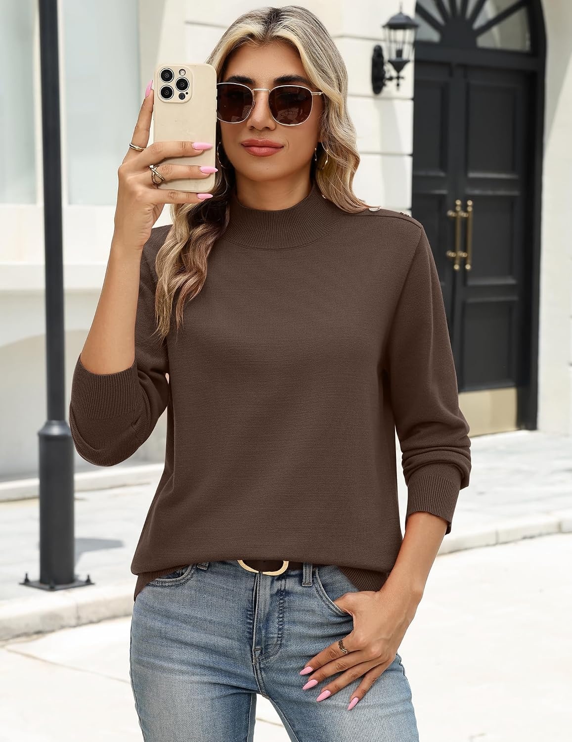image:imageZeagoo Sweaters for Women Turtleneck Tops Long Sleeve Mock Neck PulloverBrown