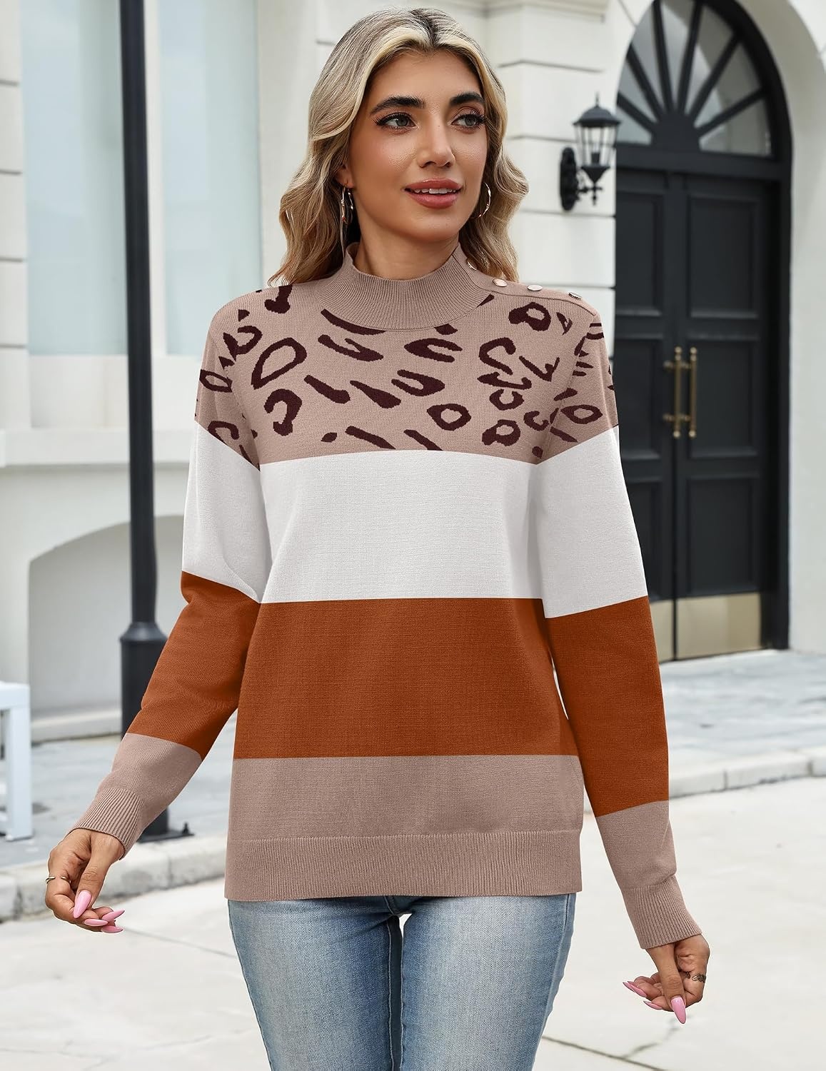 image:imageZeagoo Sweaters for Women Turtleneck Tops Long Sleeve Mock Neck PulloverLeopard Colorblock