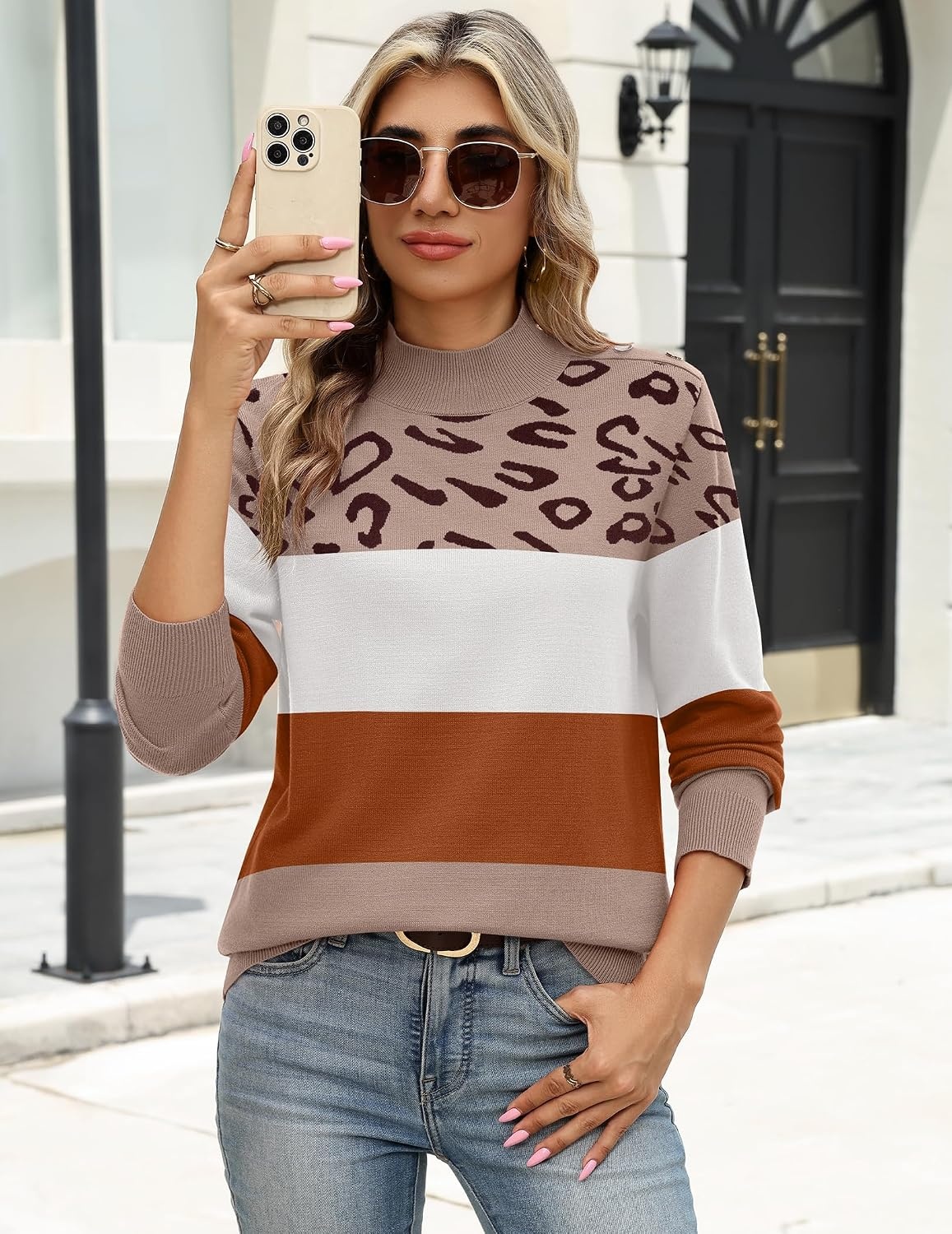 image:imageZeagoo Sweaters for Women Turtleneck Tops Long Sleeve Mock Neck PulloverLeopard Colorblock