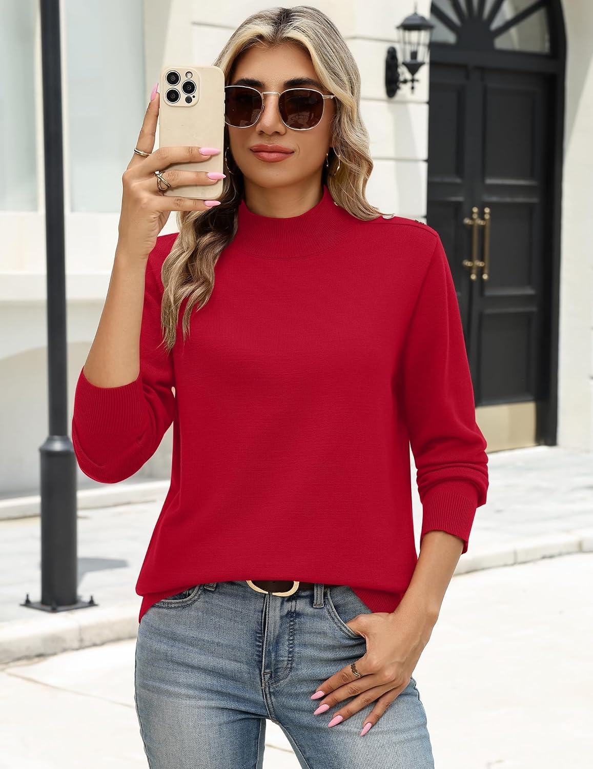 image:imageZeagoo Sweaters for Women Turtleneck Tops Long Sleeve Mock Neck PulloverRed