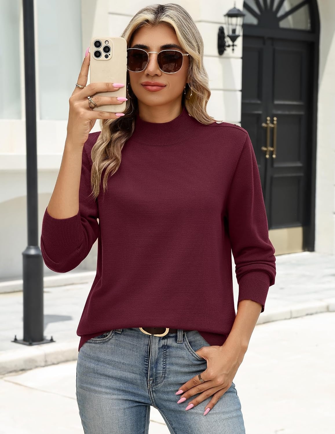 image:imageZeagoo Sweaters for Women Turtleneck Tops Long Sleeve Mock Neck PulloverWind Red