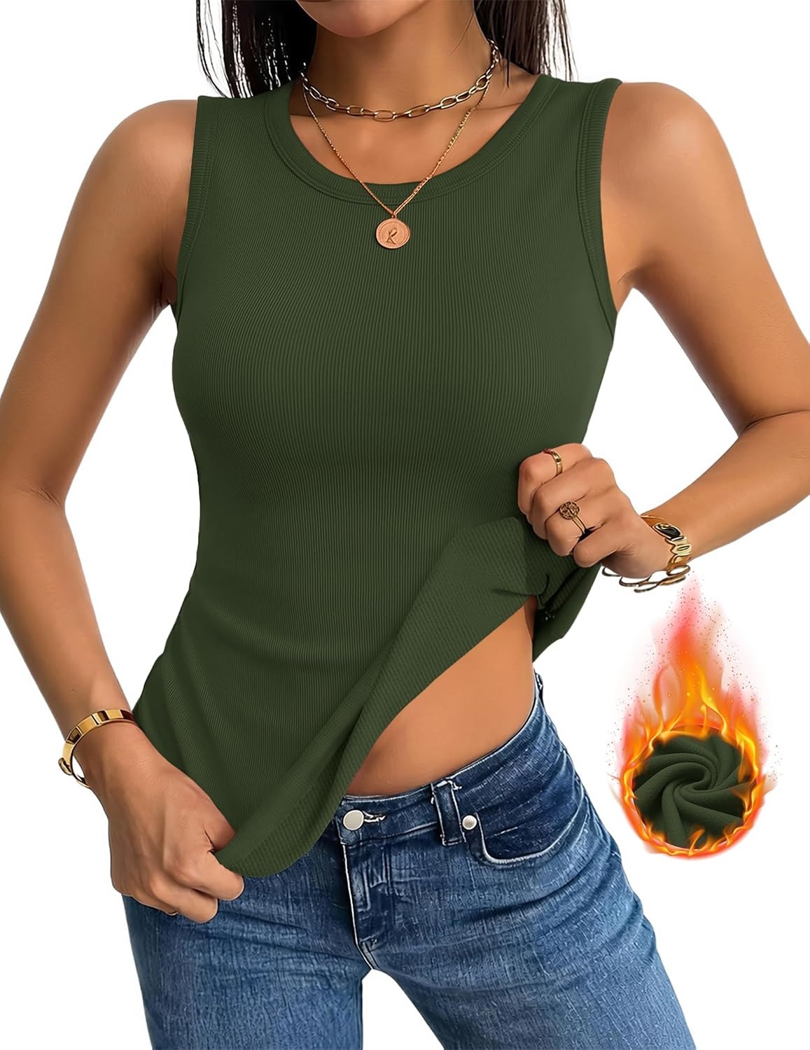 image:imageZeagoo Tank Tops for Women Thermal Underwear Fall Cute Sleeveless ShirtsArmy Green