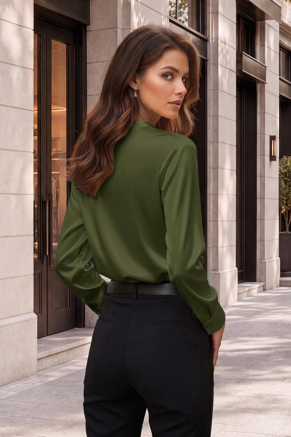 image:imageZeagoo Women Silk Satin Tops Long Sleeve Button Down Shirts S2XLArmy Green