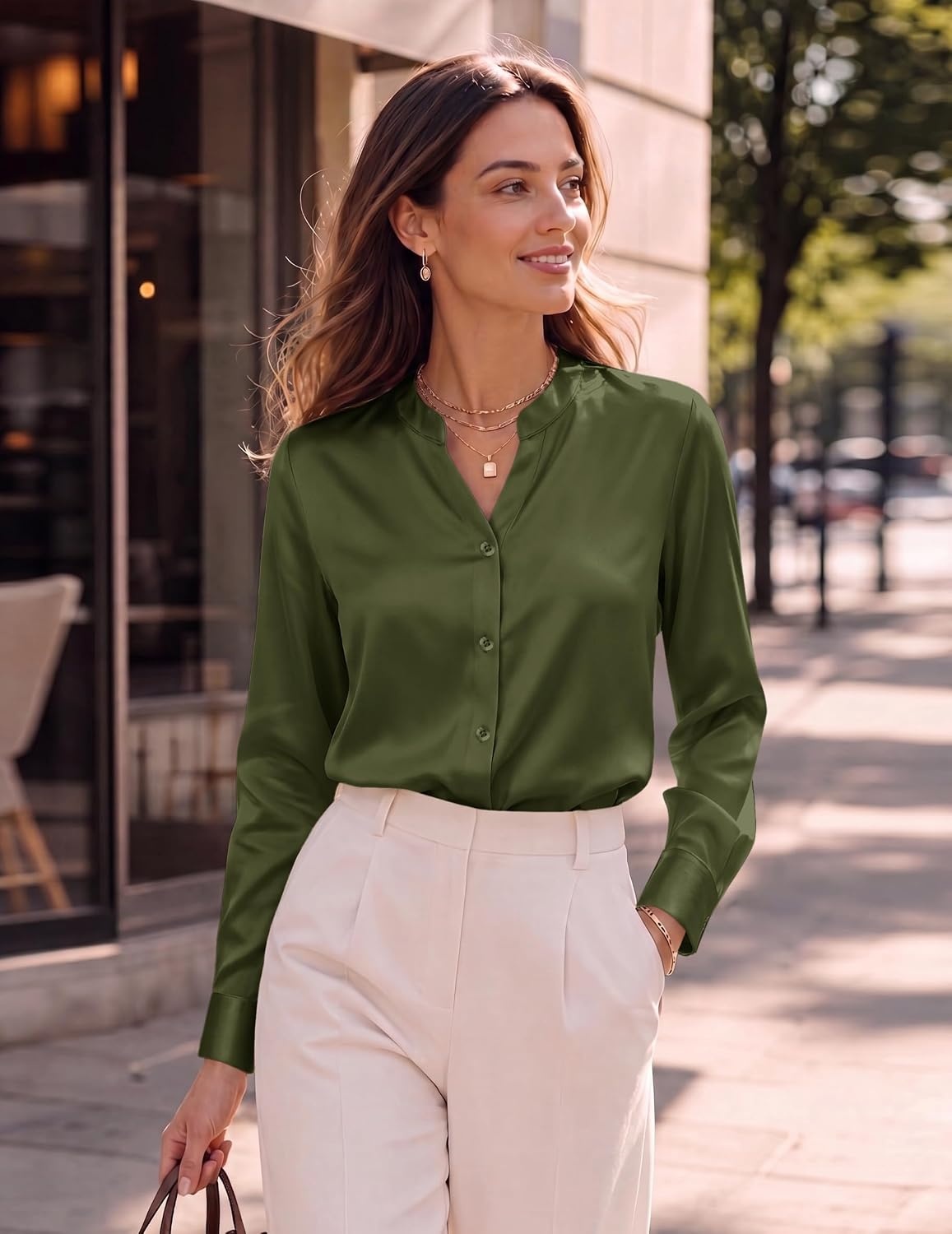 image:imageZeagoo Women Silk Satin Tops Long Sleeve Button Down Shirts S2XLArmy Green
