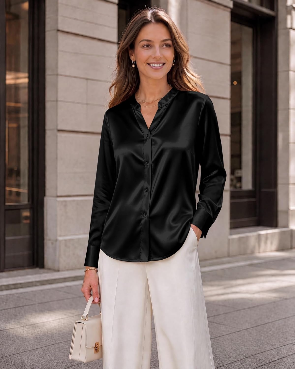 image:imageZeagoo Women Silk Satin Tops Long Sleeve Button Down Shirts S2XLBlack