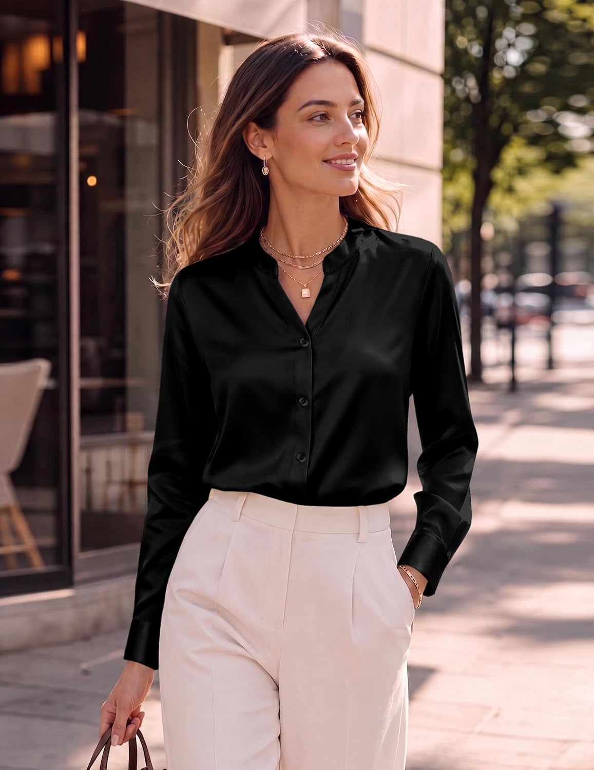 image:imageZeagoo Women Silk Satin Tops Long Sleeve Button Down Shirts S2XLBlack