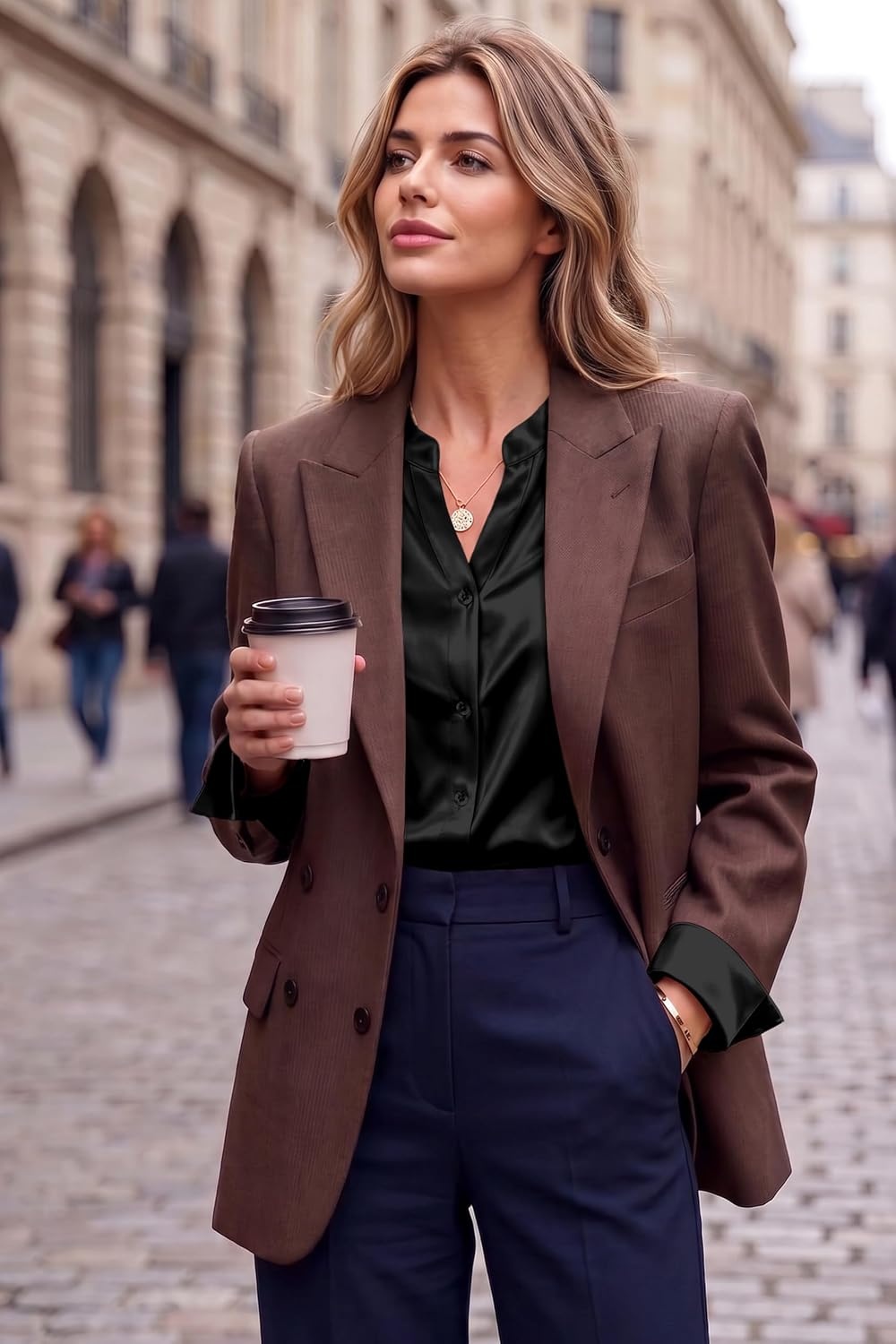 image:imageZeagoo Women Silk Satin Tops Long Sleeve Button Down Shirts S2XLBlack