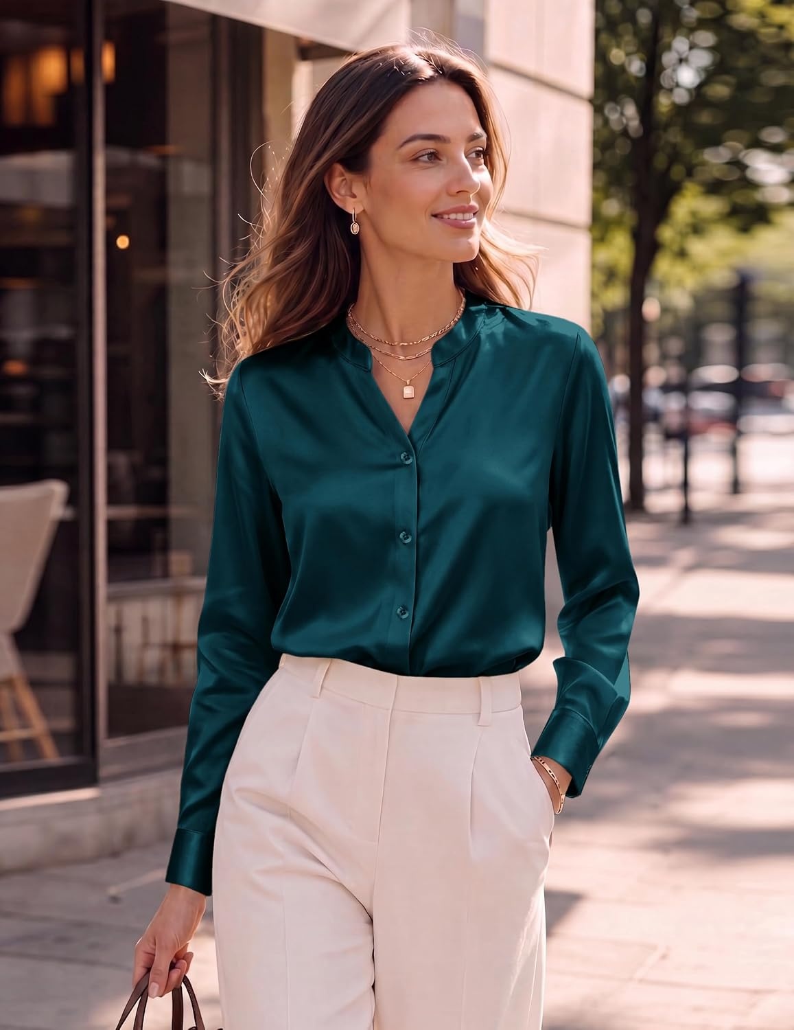 image:imageZeagoo Women Silk Satin Tops Long Sleeve Button Down Shirts S2XLBlue Green