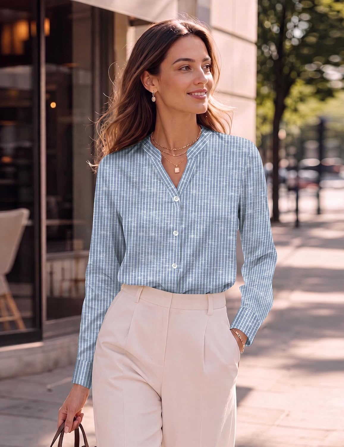 image:imageZeagoo Women Silk Satin Tops Long Sleeve Button Down Shirts S2XLBlue Stripe