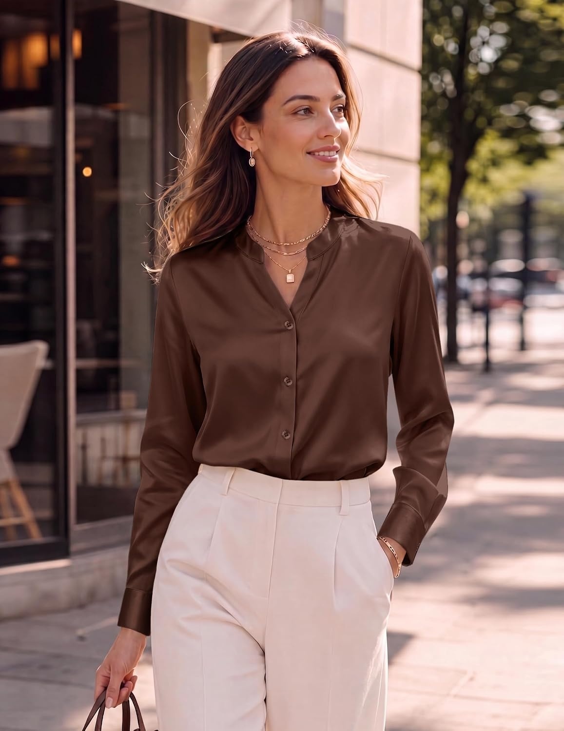 image:imageZeagoo Women Silk Satin Tops Long Sleeve Button Down Shirts S2XLBrown