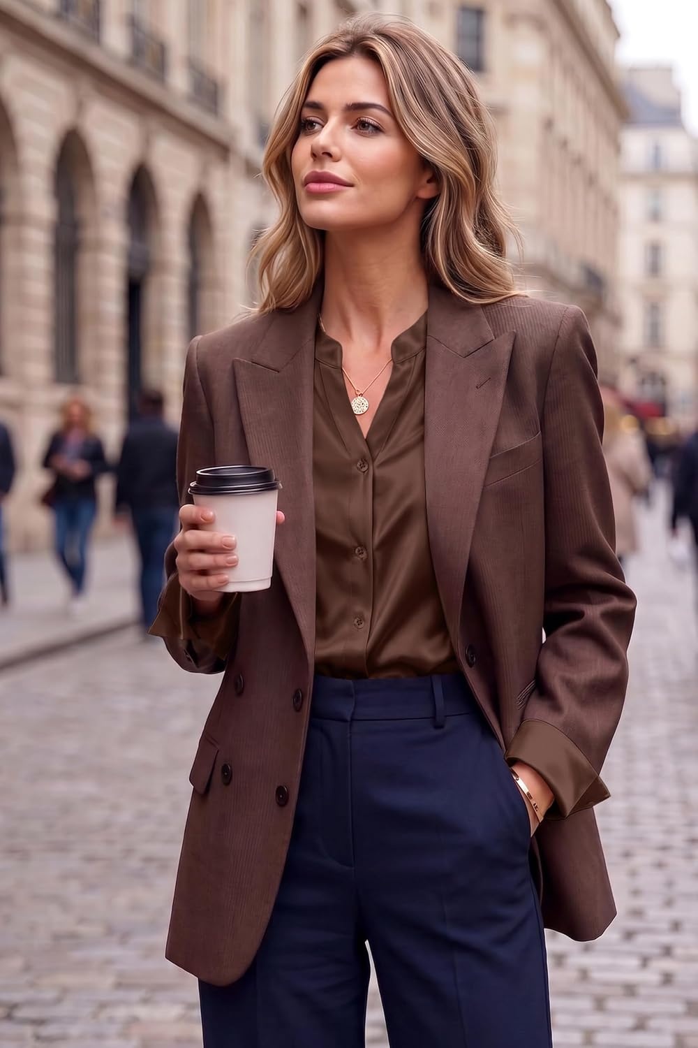 image:imageZeagoo Women Silk Satin Tops Long Sleeve Button Down Shirts S2XLBrown
