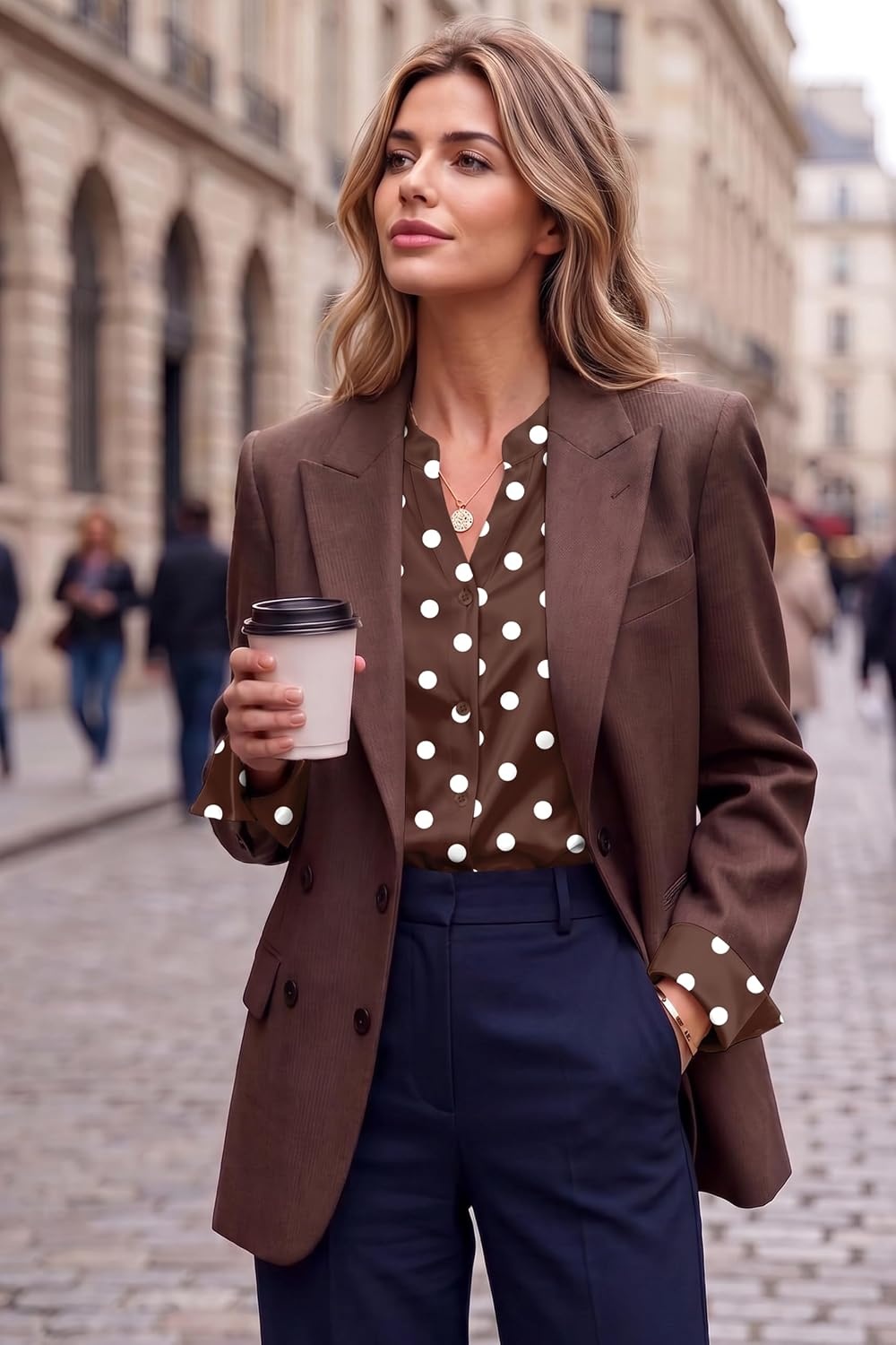 image:imageZeagoo Women Silk Satin Tops Long Sleeve Button Down Shirts S2XLBrown Polka Dots