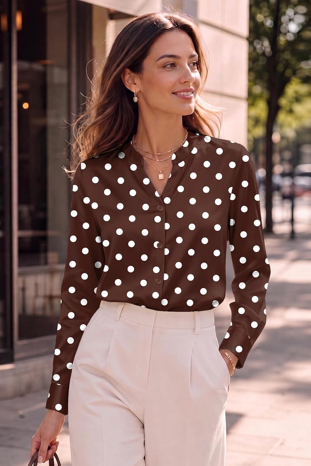 image:imageZeagoo Women Silk Satin Tops Long Sleeve Button Down Shirts S2XLBrown Polka Dots