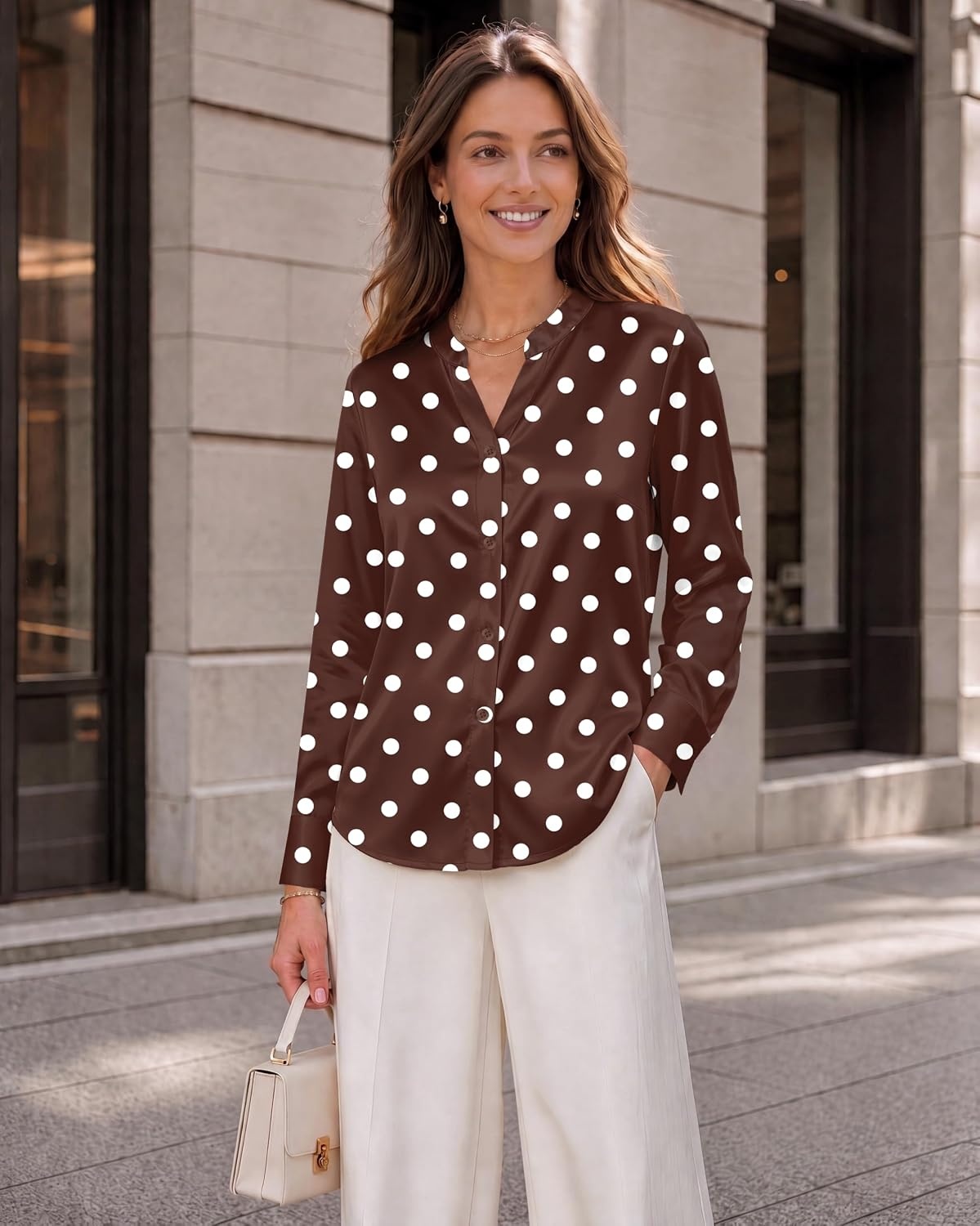 image:imageZeagoo Women Silk Satin Tops Long Sleeve Button Down Shirts S2XLBrown Polka Dots