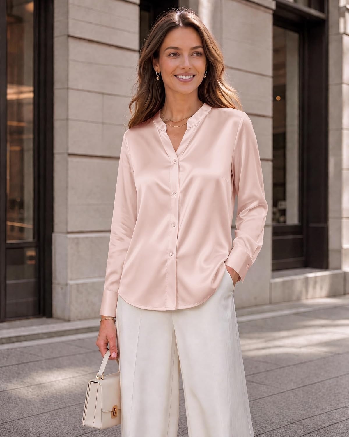 image:imageZeagoo Women Silk Satin Tops Long Sleeve Button Down Shirts S2XLChampagne