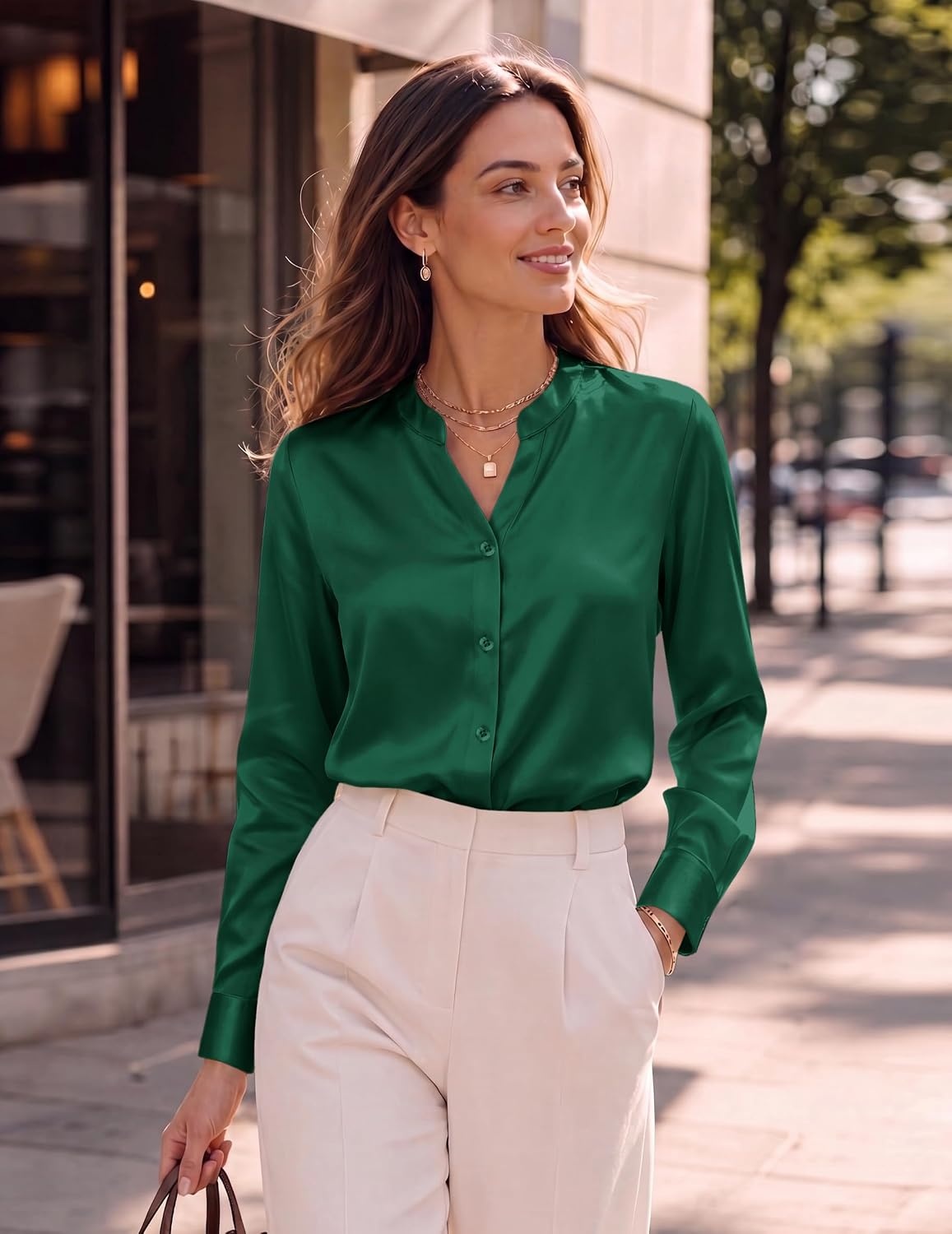 image:imageZeagoo Women Silk Satin Tops Long Sleeve Button Down Shirts S2XLGreen
