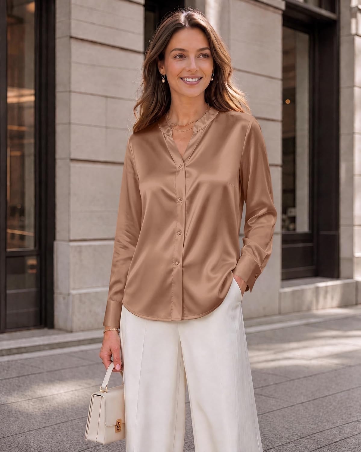 image:imageZeagoo Women Silk Satin Tops Long Sleeve Button Down Shirts S2XLLight Coffee