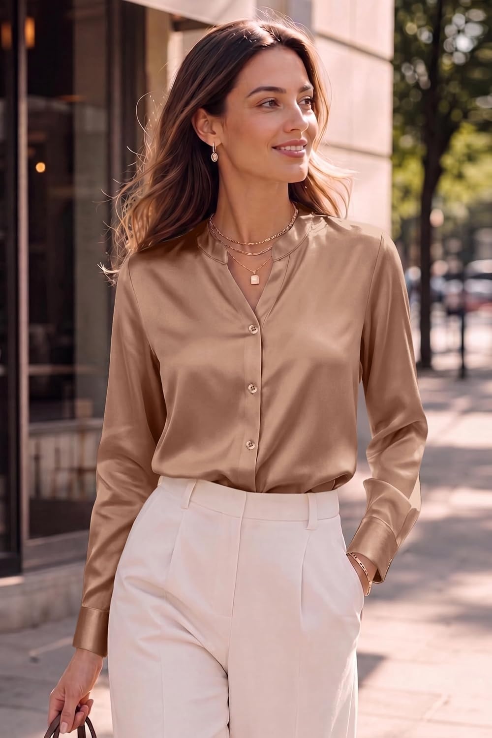image:imageZeagoo Women Silk Satin Tops Long Sleeve Button Down Shirts S2XLLight Coffee