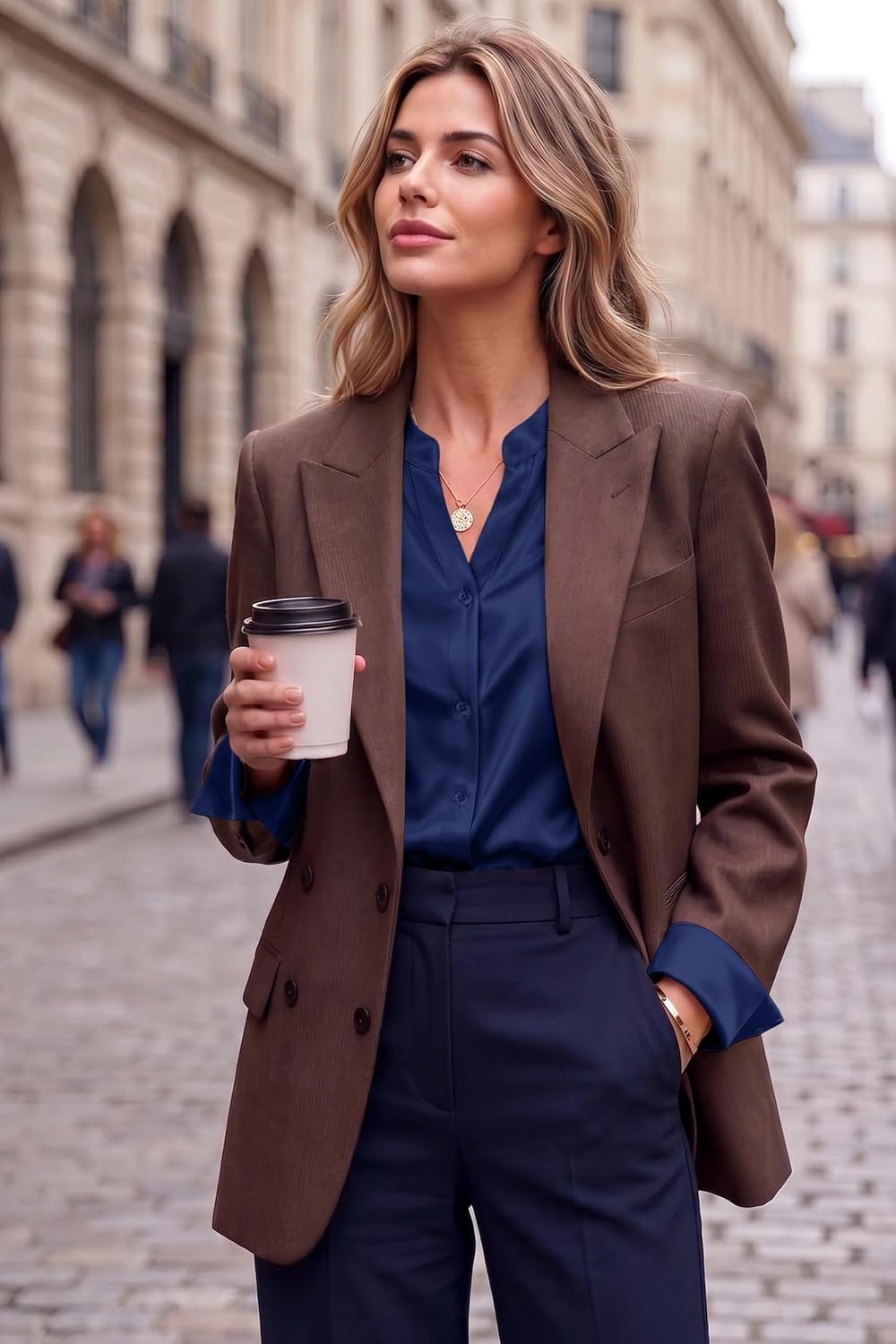 image:imageZeagoo Women Silk Satin Tops Long Sleeve Button Down Shirts S2XLNavy Blue
