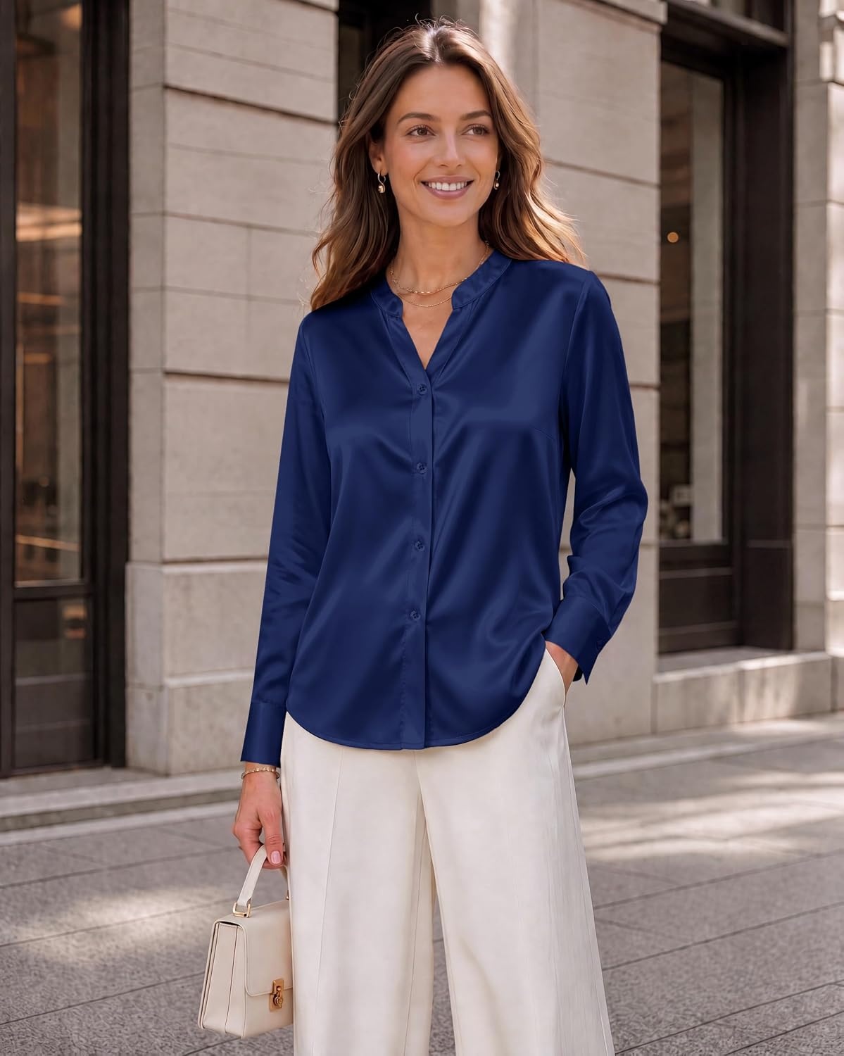 image:imageZeagoo Women Silk Satin Tops Long Sleeve Button Down Shirts S2XLNavy Blue