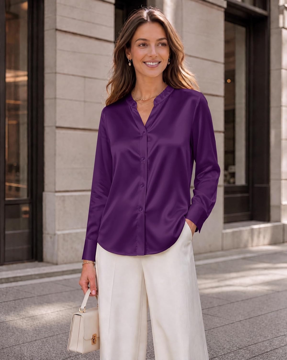 image:imageZeagoo Women Silk Satin Tops Long Sleeve Button Down Shirts S2XLPurple