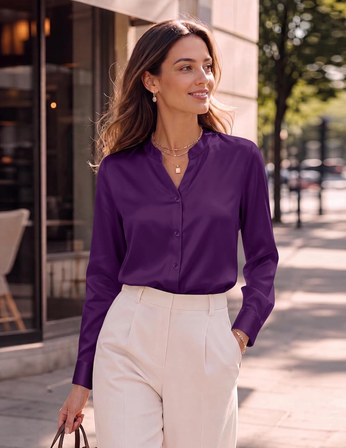 image:imageZeagoo Women Silk Satin Tops Long Sleeve Button Down Shirts S2XLPurple