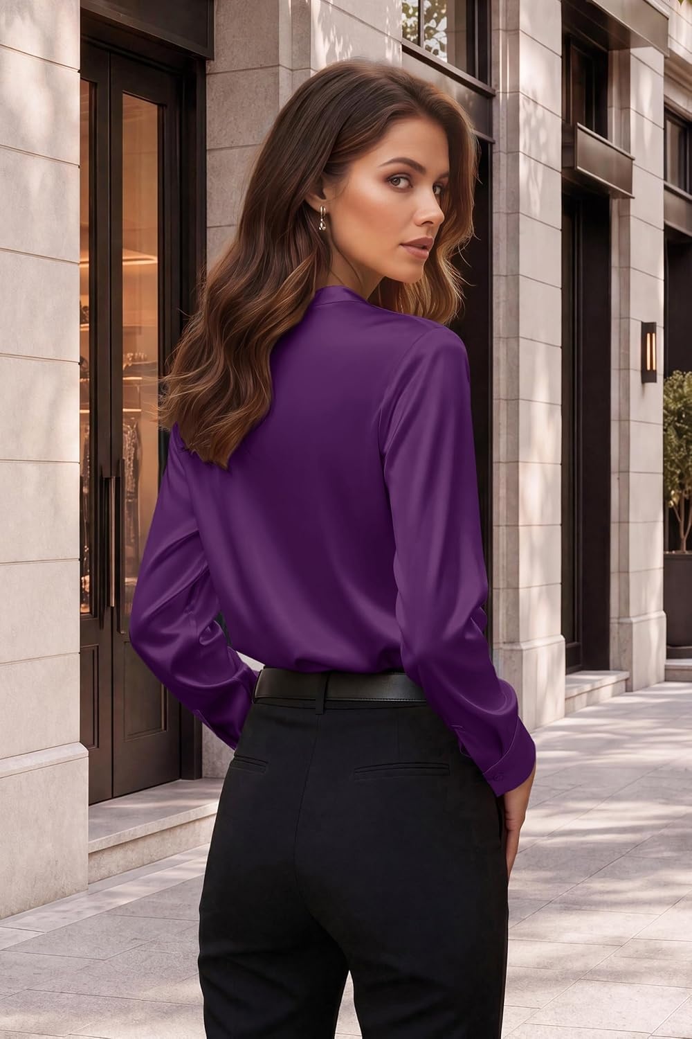 image:imageZeagoo Women Silk Satin Tops Long Sleeve Button Down Shirts S2XLPurple