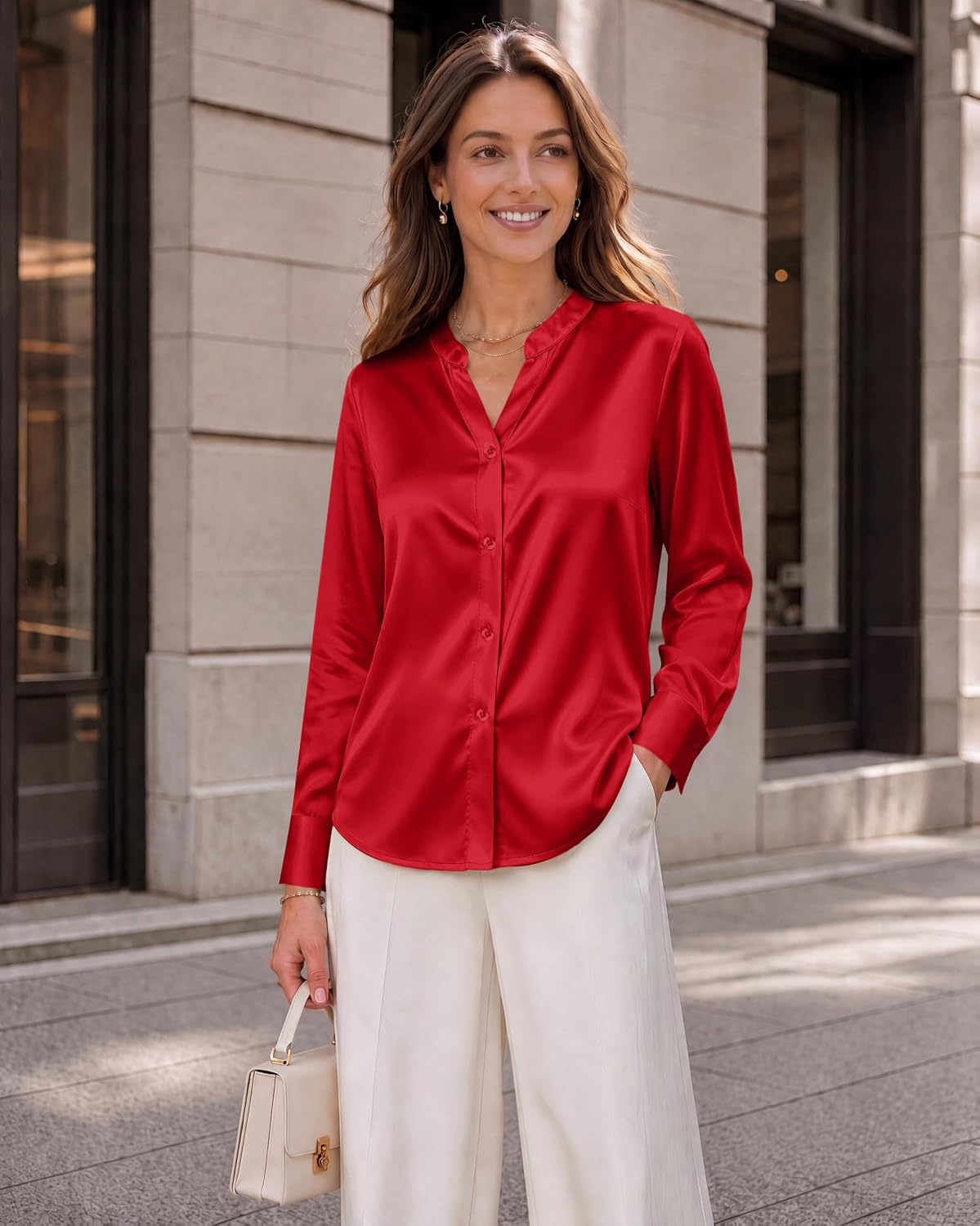 image:imageZeagoo Women Silk Satin Tops Long Sleeve Button Down Shirts S2XLRed