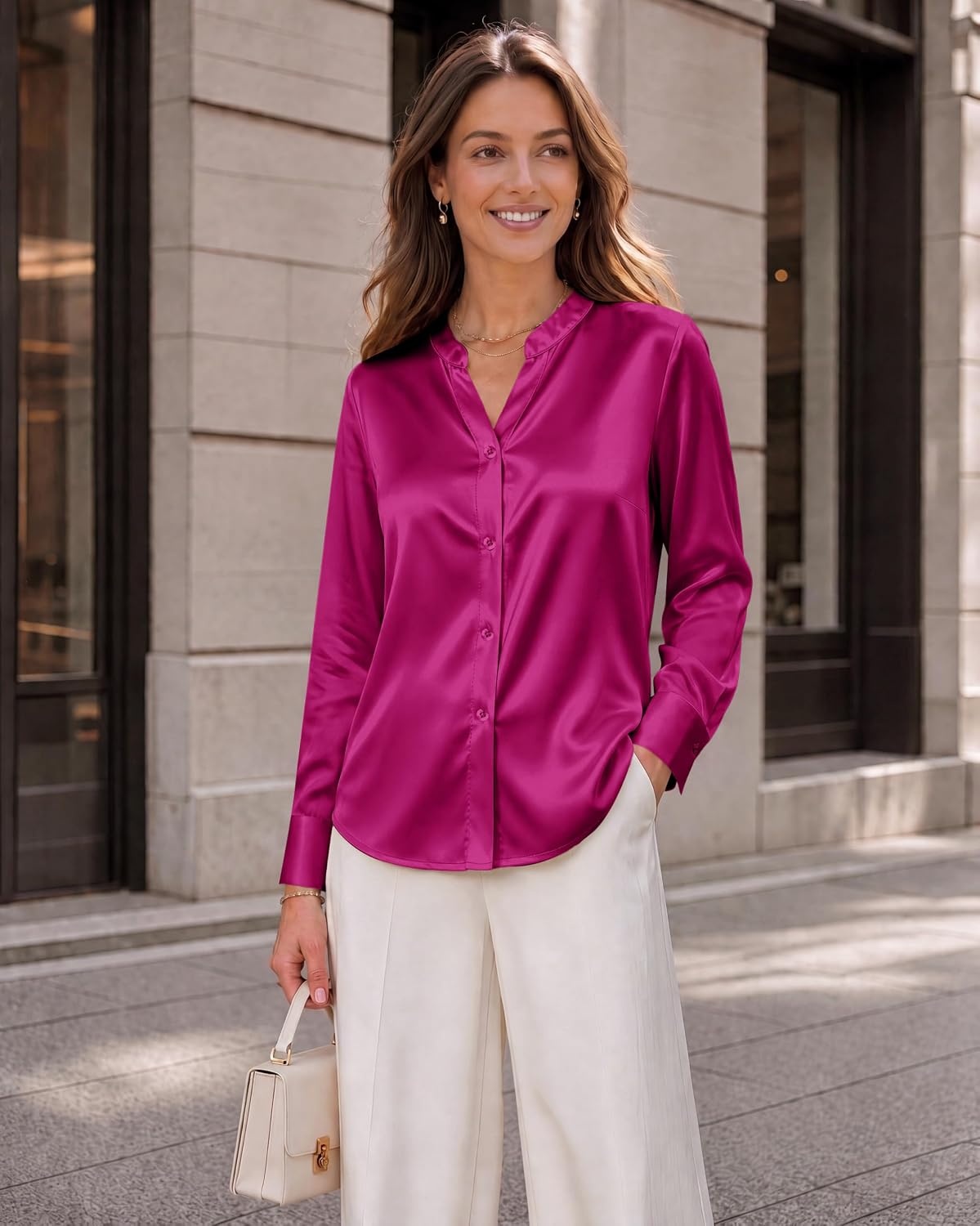 image:imageZeagoo Women Silk Satin Tops Long Sleeve Button Down Shirts S2XLRose Red