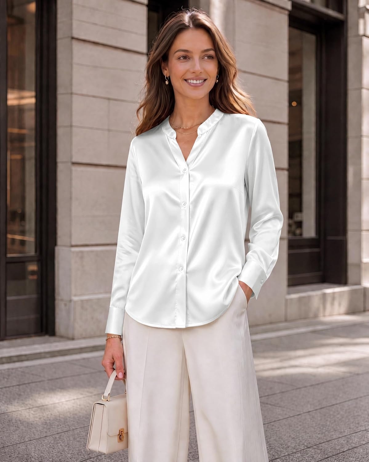 image:imageZeagoo Women Silk Satin Tops Long Sleeve Button Down Shirts S2XLWhite