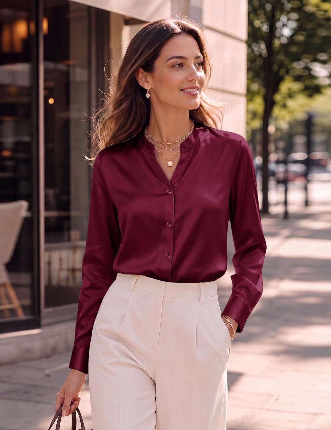 image:imageZeagoo Women Silk Satin Tops Long Sleeve Button Down Shirts S2XLWine Red