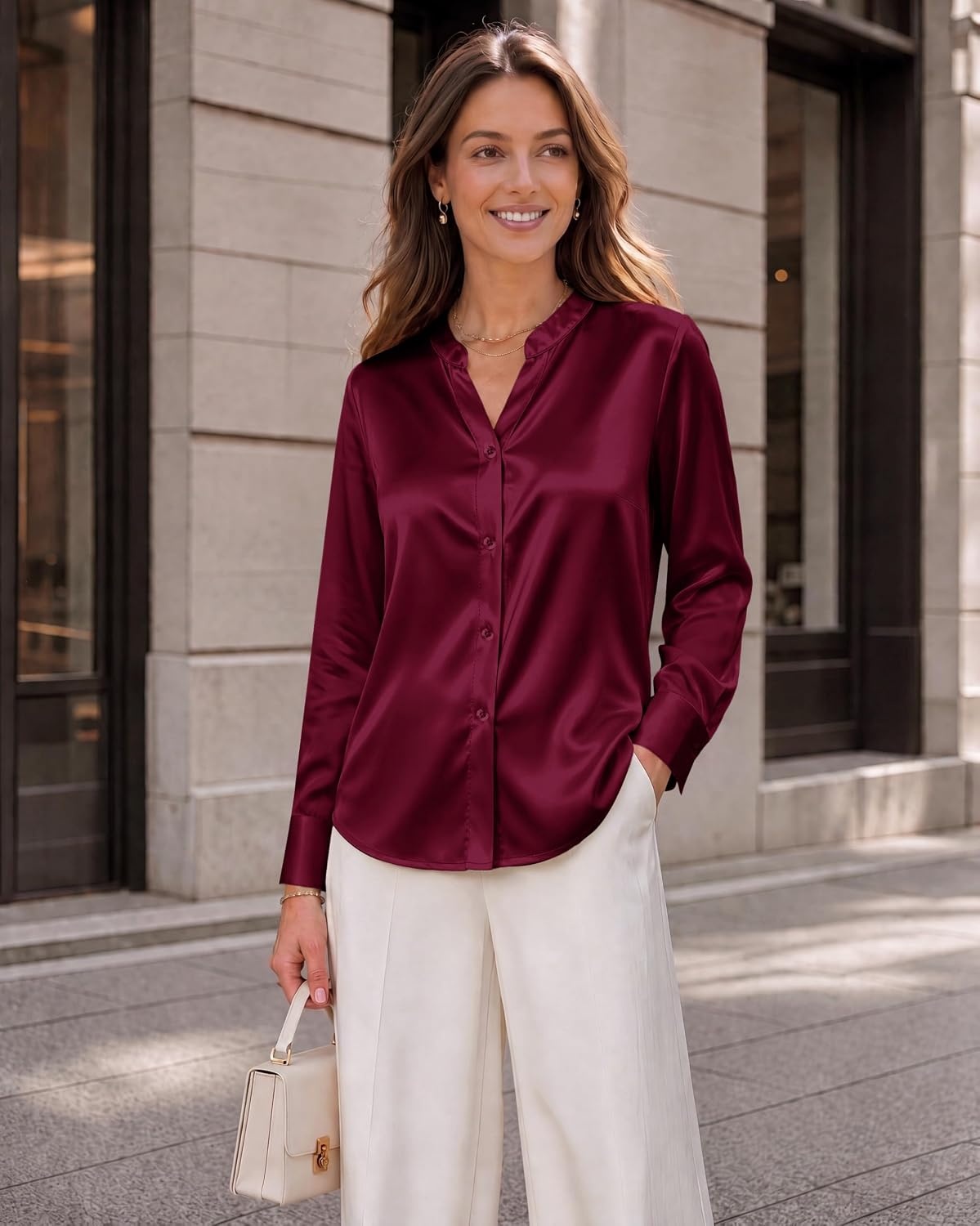 image:imageZeagoo Women Silk Satin Tops Long Sleeve Button Down Shirts S2XLWine Red