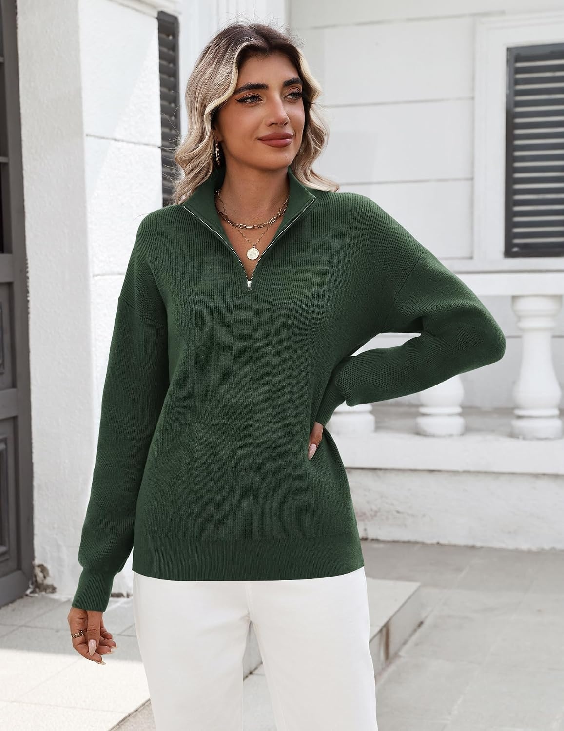 image:imageZeagoo Womens Fall Long Sleeve Quarter Zip Sweaters Knit Pullover TopsArmy Green