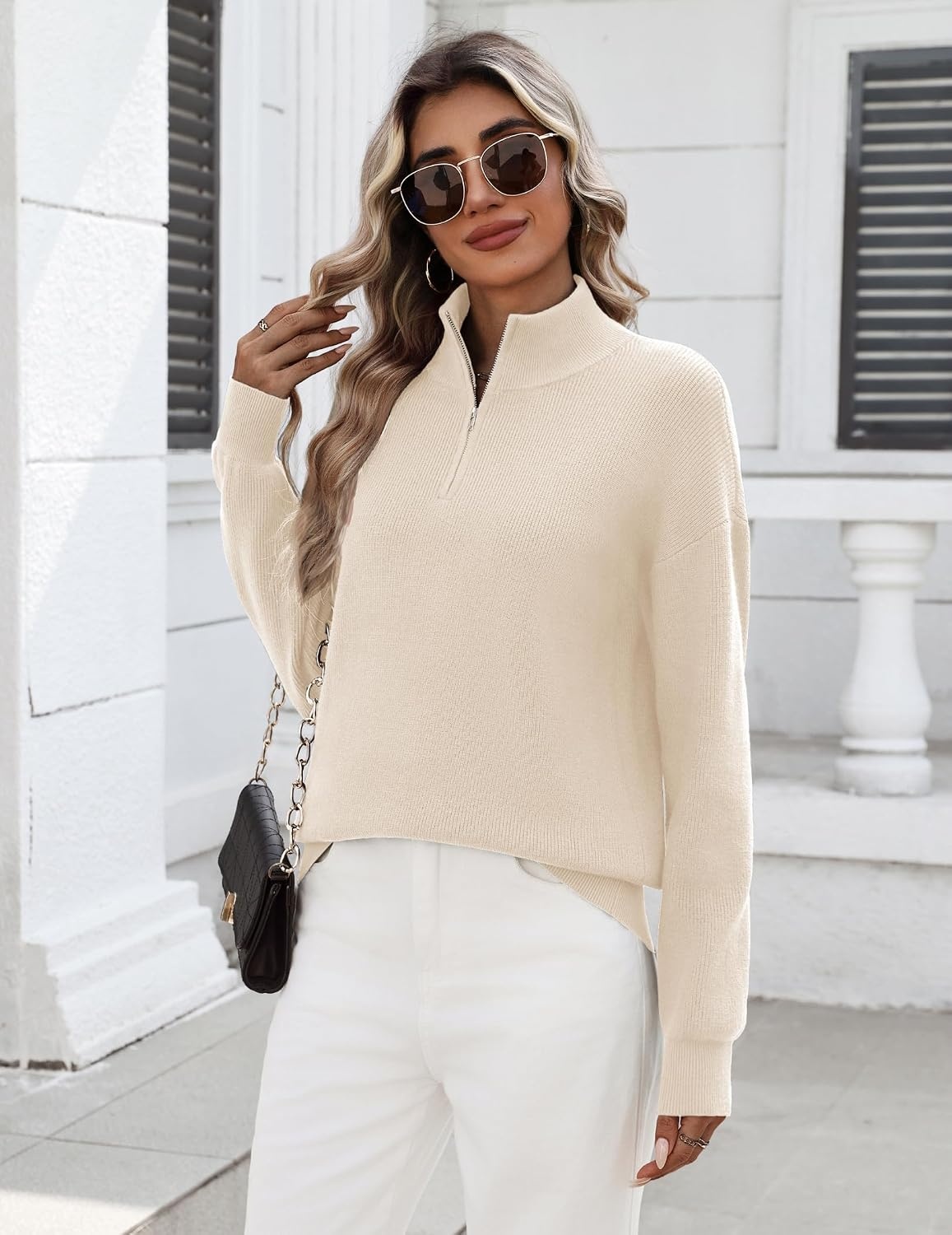 image:imageZeagoo Womens Fall Long Sleeve Quarter Zip Sweaters Knit Pullover TopsBeige