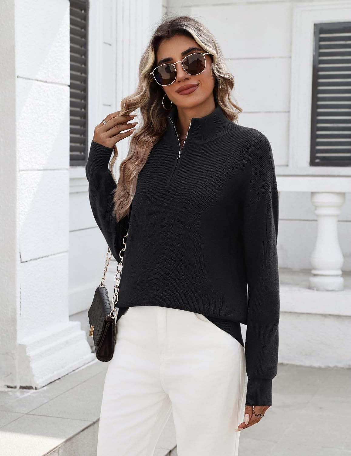image:imageZeagoo Womens Fall Long Sleeve Quarter Zip Sweaters Knit Pullover TopsBlack