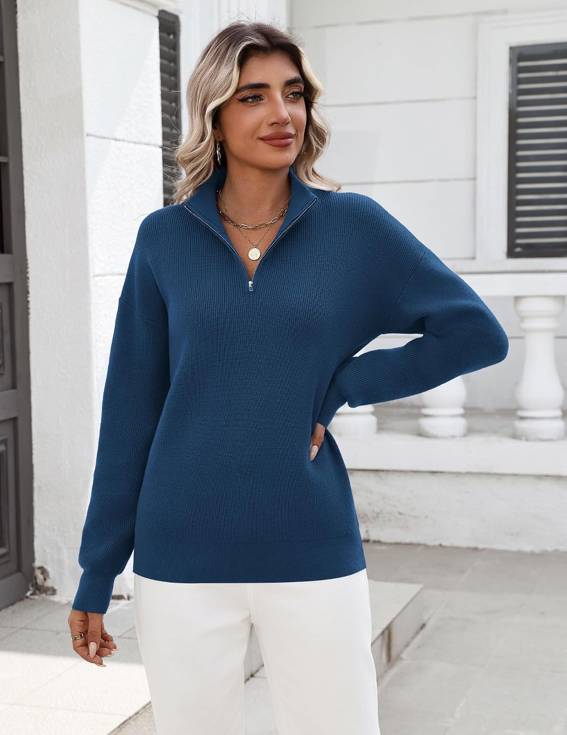 image:imageZeagoo Womens Fall Long Sleeve Quarter Zip Sweaters Knit Pullover TopsBlue
