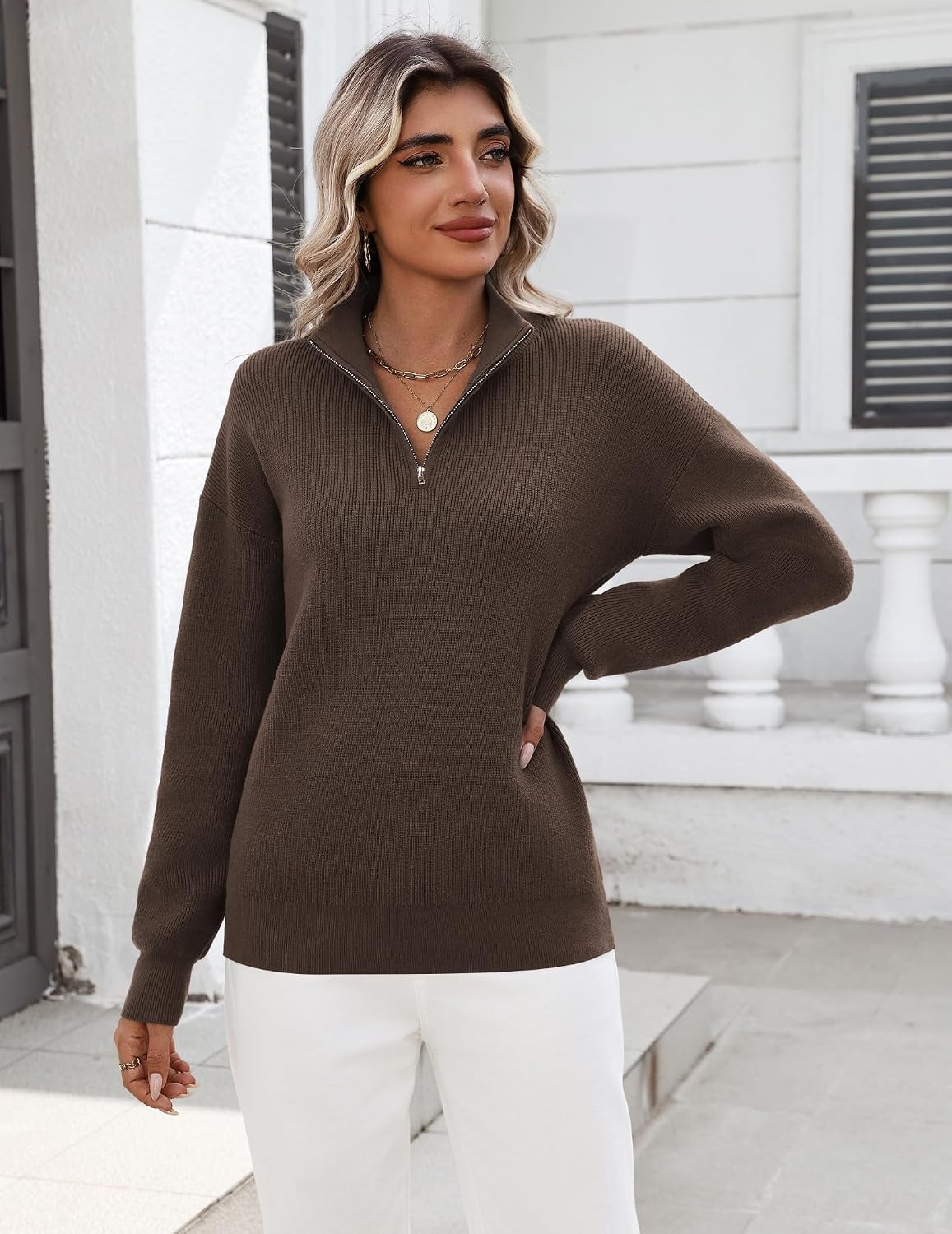 image:imageZeagoo Womens Fall Long Sleeve Quarter Zip Sweaters Knit Pullover TopsBrown