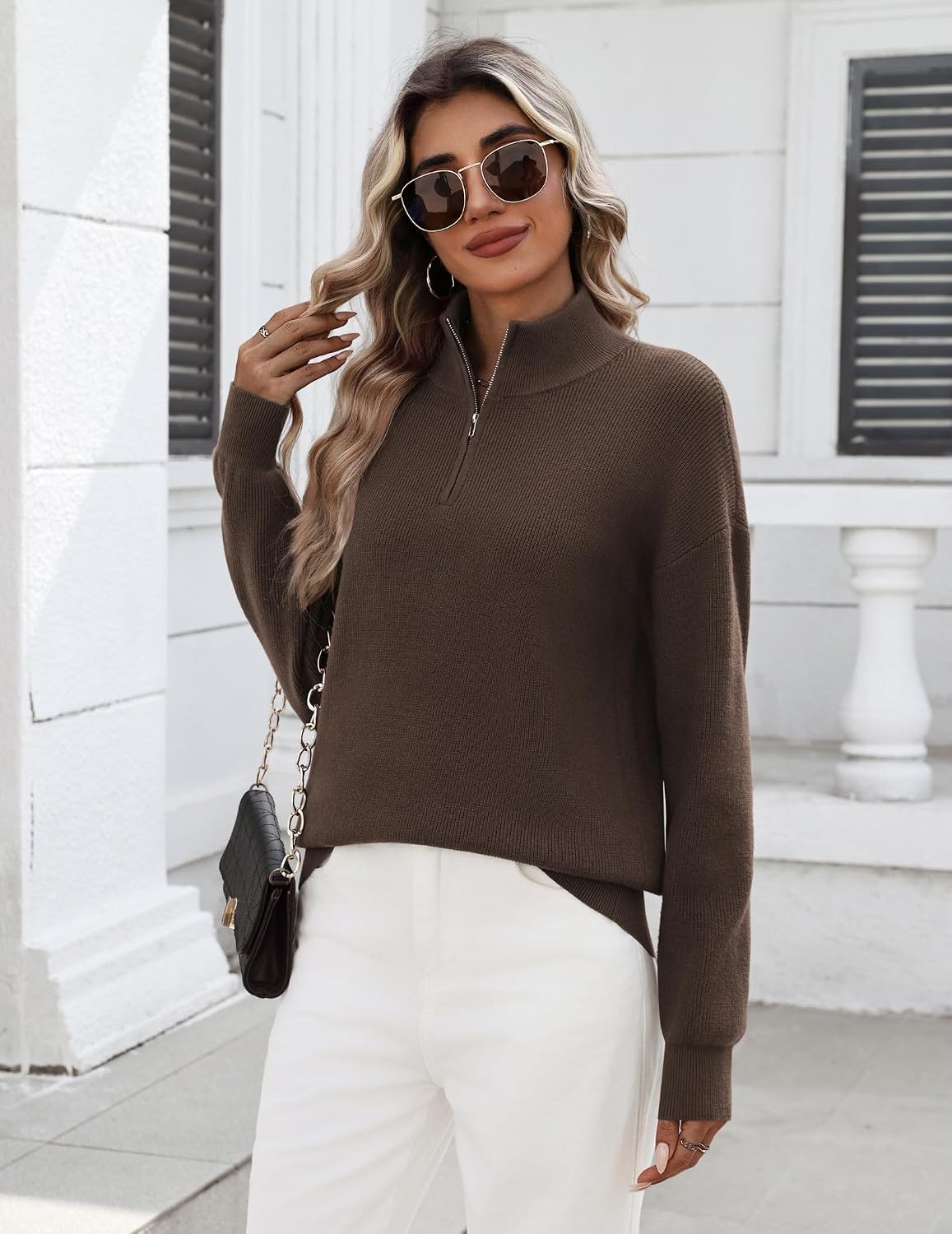 image:imageZeagoo Womens Fall Long Sleeve Quarter Zip Sweaters Knit Pullover TopsBrown