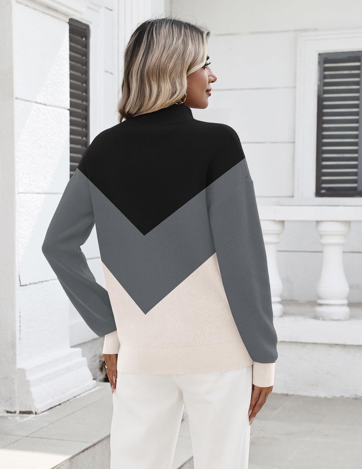 image:imageZeagoo Womens Fall Long Sleeve Quarter Zip Sweaters Knit Pullover TopsColorblock Grey