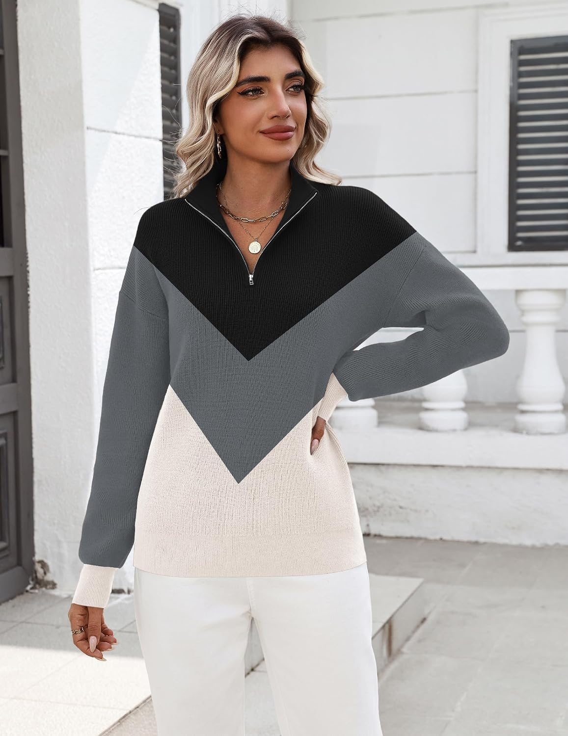 image:imageZeagoo Womens Fall Long Sleeve Quarter Zip Sweaters Knit Pullover TopsColorblock Grey