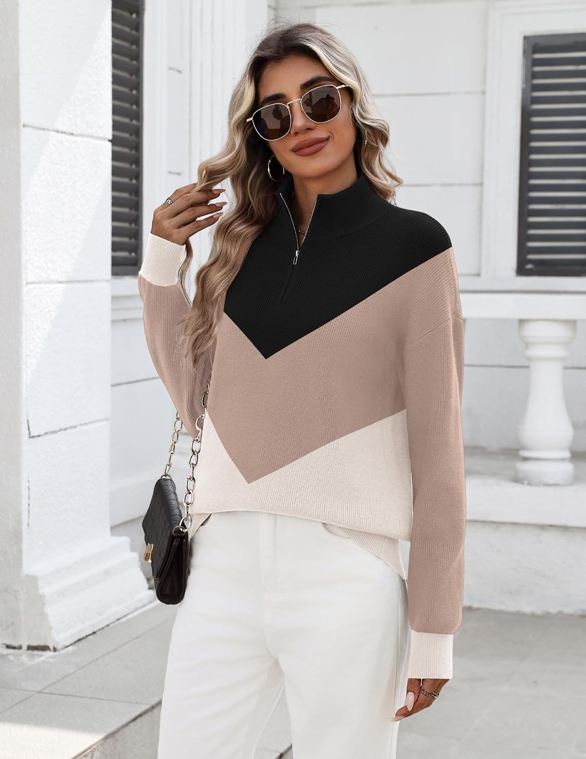 image:imageZeagoo Womens Fall Long Sleeve Quarter Zip Sweaters Knit Pullover TopsColorblock Khaki