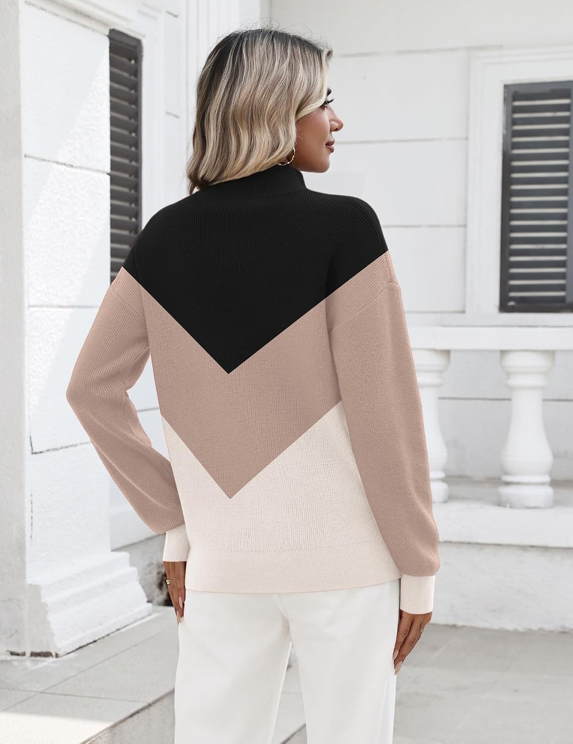 image:imageZeagoo Womens Fall Long Sleeve Quarter Zip Sweaters Knit Pullover TopsColorblock Khaki