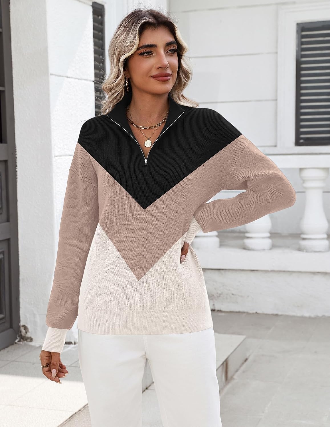 image:imageZeagoo Womens Fall Long Sleeve Quarter Zip Sweaters Knit Pullover TopsColorblock Khaki
