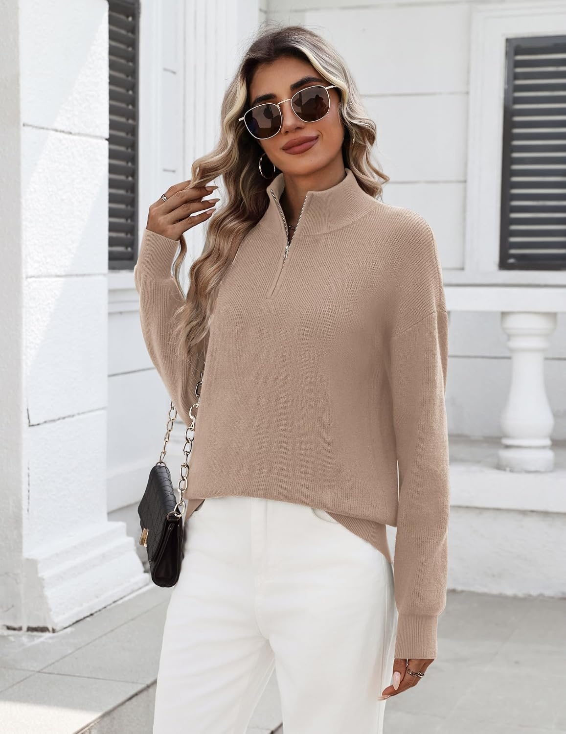 image:imageZeagoo Womens Fall Long Sleeve Quarter Zip Sweaters Knit Pullover TopsKhaki