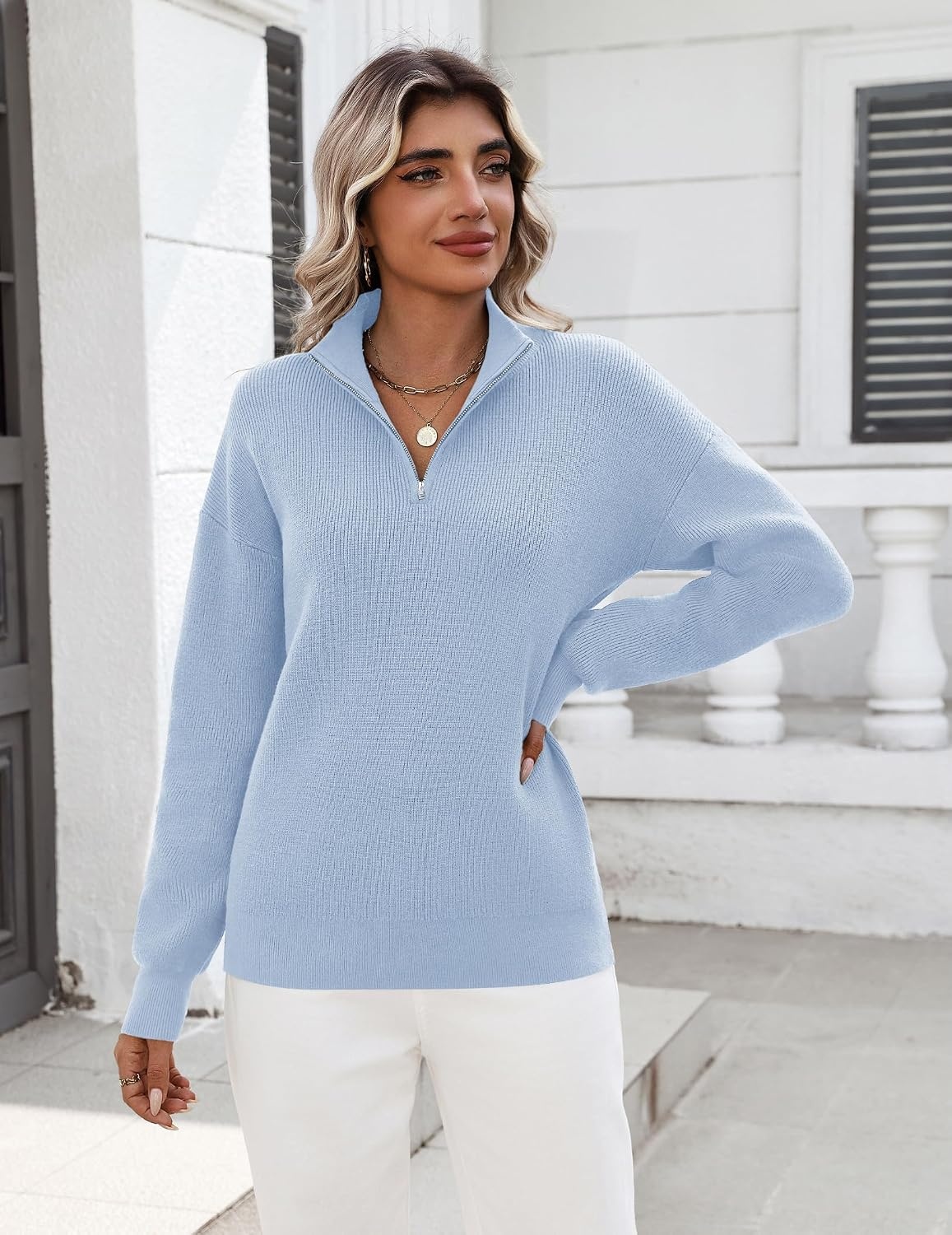 image:imageZeagoo Womens Fall Long Sleeve Quarter Zip Sweaters Knit Pullover TopsLight Blue