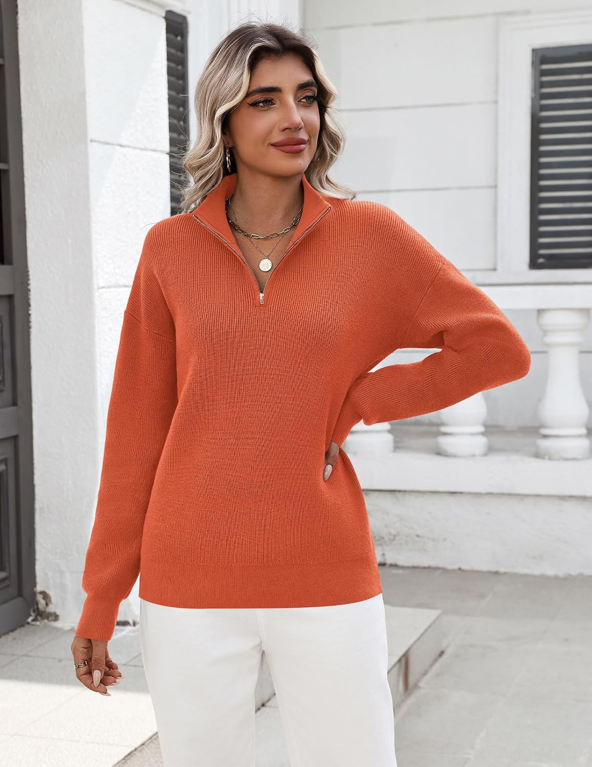 image:imageZeagoo Womens Fall Long Sleeve Quarter Zip Sweaters Knit Pullover TopsOrange