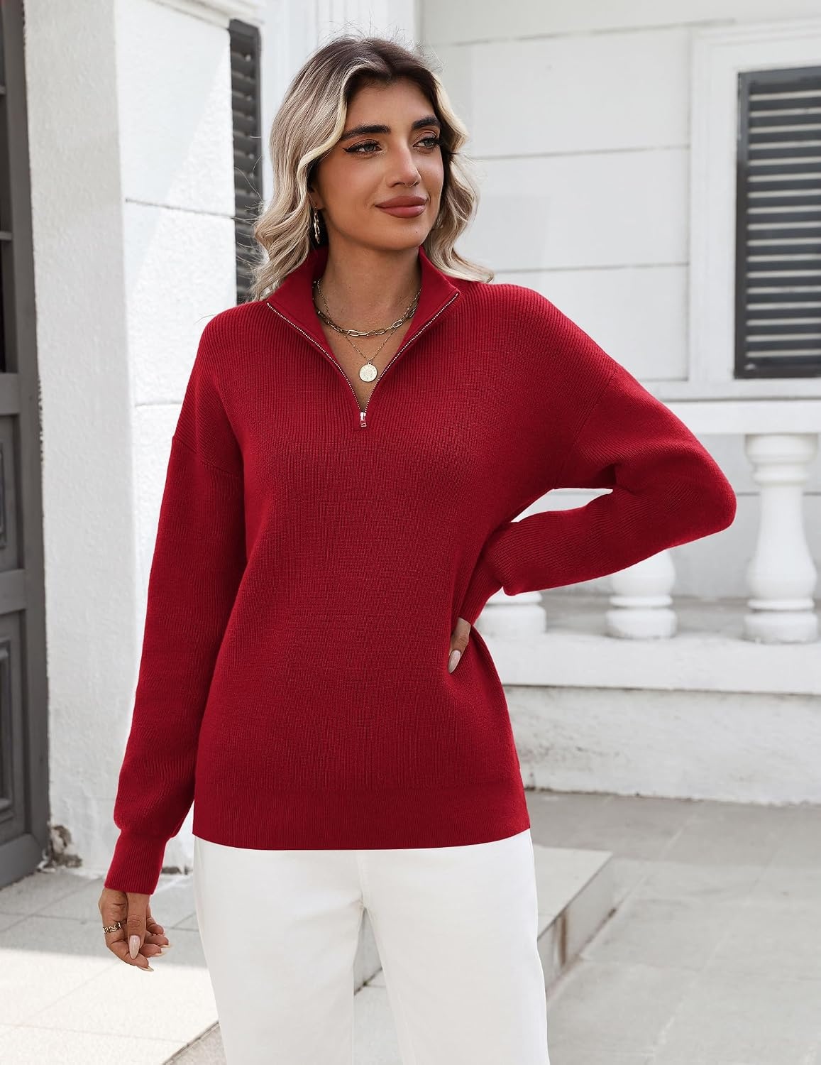 image:imageZeagoo Womens Fall Long Sleeve Quarter Zip Sweaters Knit Pullover TopsRed