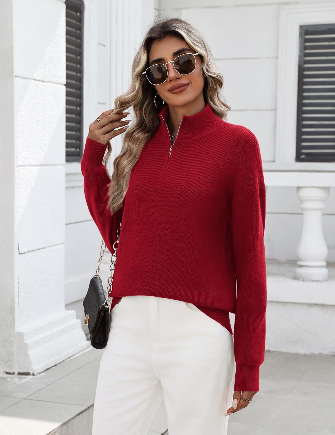 image:imageZeagoo Womens Fall Long Sleeve Quarter Zip Sweaters Knit Pullover TopsRed