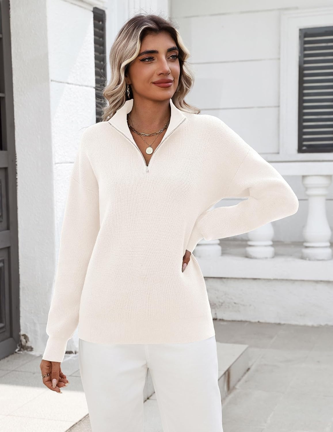 image:imageZeagoo Womens Fall Long Sleeve Quarter Zip Sweaters Knit Pullover TopsWhite