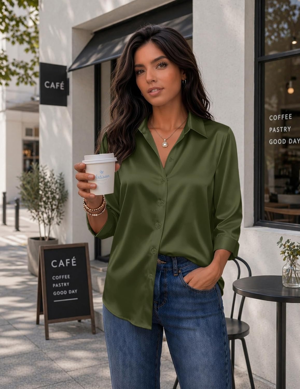 image:imageZeagoo Womens Satin Blouses Button Down Shirts 34 Sleeve Dressy Tops S2XLArmy Green